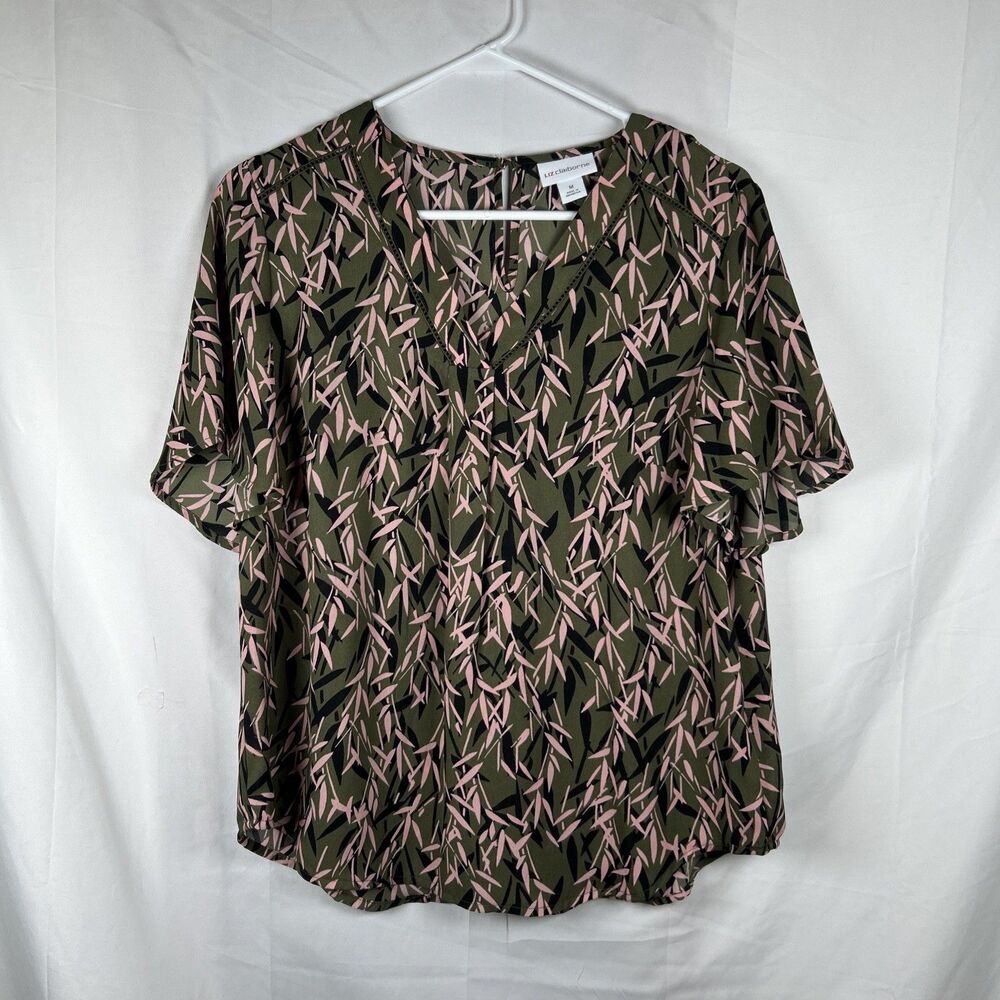 Liz Claiborne Army Green & Pink Blouse Women’s Medium Short Sleeves V-neck
